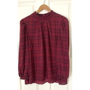 Melloday Red Black Plaid Smocked Neck Puff Sleeve Blouse Top 2X